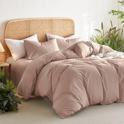 Wake In Cloud - Cotton Duvet Cover Set, 100% Washed Cotton, Linen Like Textured, Breathable Durable Comfy Farmhouse Neutral Bedding Set, 3 Pieces, Dusty Pink, Queen Size