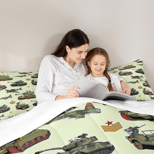 Manfei Aircraft Tank Comforter Set Twin Size, Green Camo Helicopter Airplane Bedding Set 2pcs for Kids Boys Teens Room Decor, Military Army Equipment Down Comforter with 1 Pillowcase, No Sheets