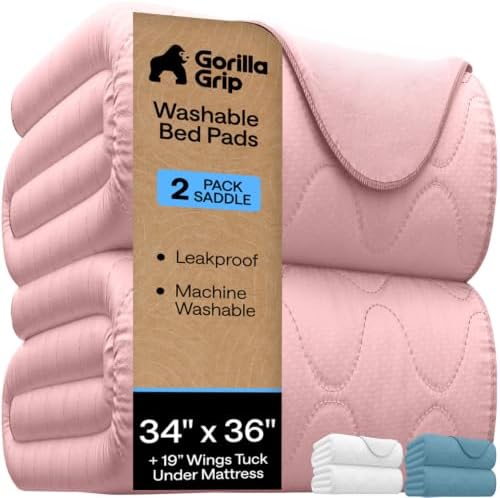 GORILLA GRIP Washable Reusable Underpads, 34x36+19in Wings, 2 Pack Pink