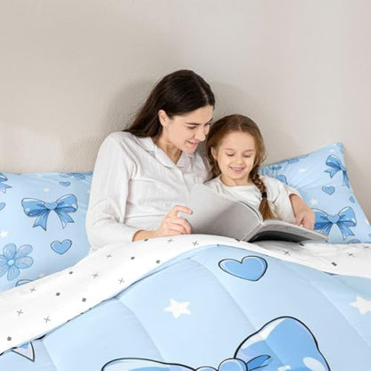 jejeloiu Bowknot Kids Comforter Set King Size Bow Bedding Set Blue Duvet Quilt for Kids Boys Girls Bedroom Cute Bow-tie Decor Microfiber Ultra Soft Breathable
