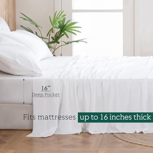 Cooling Sheets Set King Size, Viscose Derived from Bamboo for Hot Sleepers | Deep Pocket Up to 16 Inch | Silky Soft & Breathable Bedding - 4PC (King, White)