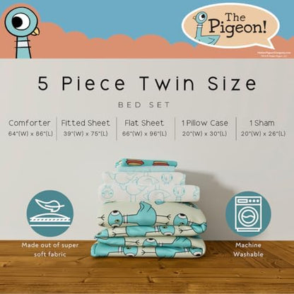 Franco The Pigeon Finds A Hot Dog Twin Bedding Set – 5 Piece Super Soft Microfiber Reversible Comforter, Sheet Set & Sham - Book by Mo Willems (Officially Licensed Product)