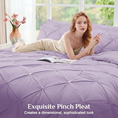 JOLLYVOGUE King Size Comforter Set 7 Pieces - Bed in a Bag King for All Season, Pintuck Bedding Comforter Sets with Comforter, Flat Sheet, Fitted Sheet and Pillowcases & Shams, Light Purple