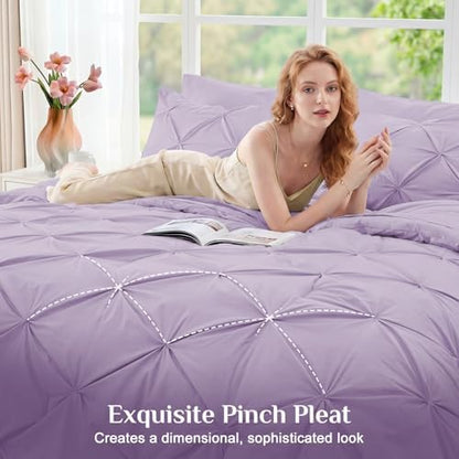 JOLLYVOGUE King Size Comforter Set 7 Pieces - Bed in a Bag King for All Season, Pintuck Bedding Comforter Sets with Comforter, Flat Sheet, Fitted Sheet and Pillowcases & Shams, Light Purple