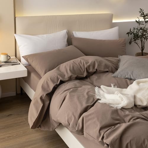 JIYUAN Super Queen Washed Cotton Duvet Cover Set Relaxed Linen Feel