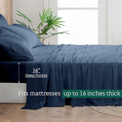 Cooling Sheets Set Twin Size, Viscose Derived from Bamboo for Hot Sleepers | Deep Pocket Up to 15 Inch | Silky Soft & Breathable Bedding - 3PC (Twin, Navy)