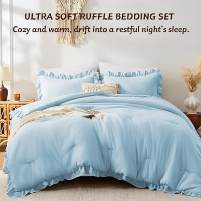 FUANNA King Size Comforter Set, Ruffle Bedding, 3 PCS Bed Set, Light Blue