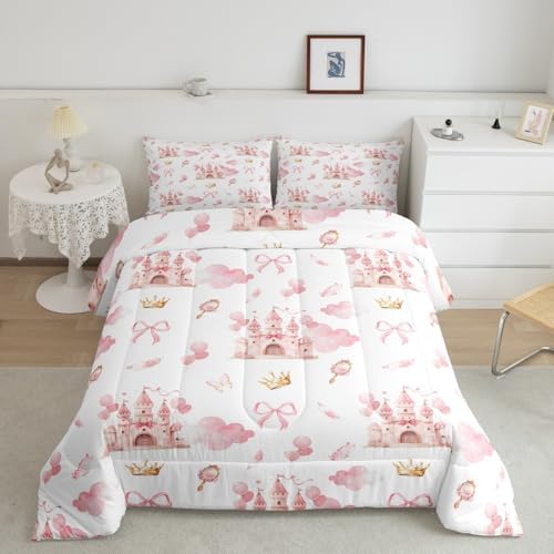 Feelyou Kids Pink Castle Duvet Insert Toddler Size, Cute Bowknot Comforter Set Boys Girls Girls Dreamy House Bedding Set Fairytale Teens Bedroom Decor Bed Set 2Pcs