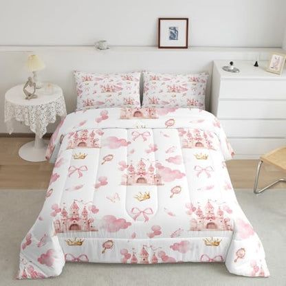 Feelyou Kids Pink Castle Duvet Insert Toddler Size, Cute Bowknot Comforter Set Boys Girls Girls Dreamy House Bedding Set Fairytale Teens Bedroom Decor Bed Set 2Pcs