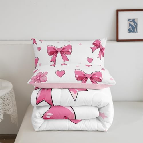 jejeloiu Pink Bow Bedding Set Soft for Boys Girls, Colourful Bowknot Comforter Set Queen Size White Pink Duvet Quilt Microfiber Butterfly Bowknot Bedroom Decor 3 Pcs with 2 Pillow Cases