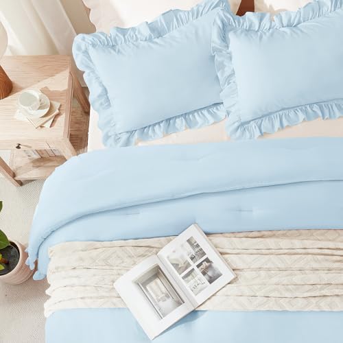 Andency Light Blue King Size Comforter Set, 3 Pcs Solid Farmhouse Bedding