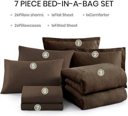 Monbix Oversized Queen Comforter Set 7 Pieces Chocolate Brown Bed in a Bag