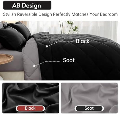 MUXHOMO 7 Pieces Queen Comforter Set, Reversible Bed in a Bag Queen Size, All Season Bedding Set with Comforter, Flat Sheet, Fitted Sheet, Pillowcases & Shams, Black & Soot