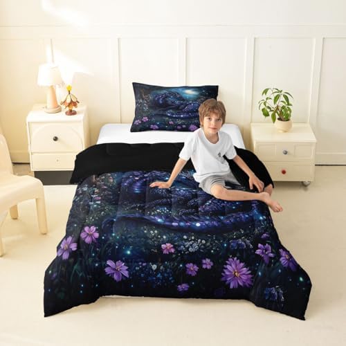 Feelyou Dragon Bedding Set Soft for Boys Girls, Jungle Dragon Comforter Set Twin Size Magical Beast Duvet Quilt Microfiber Fantasy Animal Bedroom Decor Wild Life 2 Pcs with 1 Pillow Cases