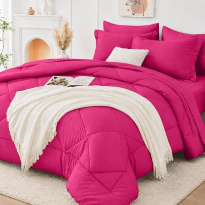 FUANNA Queen Comforter Set 7 PCS, Hot Pink Bedding Set, Soft Bed in a Bag