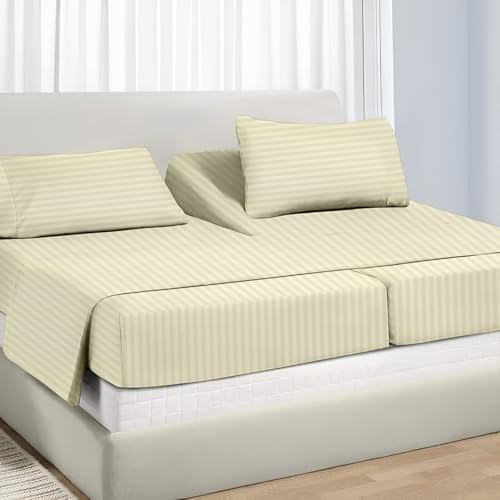 NON Sticky cotton Adjustable Split King Sheet Set for Sleep Number Beds, Premium 100% Long Staple Cotton Bedding, Two Twin XL 39" X 80" Fitted Sheets Fits Up to 18" Deep Mattress, Ivory Stripe
