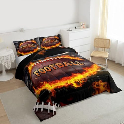 Castle Fairy Football Comforter Set Twin Size American Rugby Sports Bedding Set Kids Boys Teens Ball Gaming Theme All Season Quilt Set 3D Burning Flame Bedding Comforter Sets with 1 Pillowcase