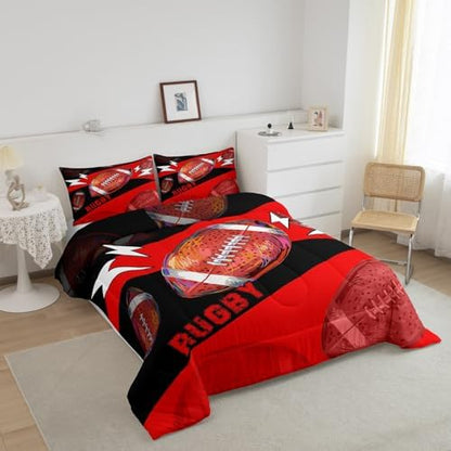 Erosebridal Football King Size Comforter Set for Boys Kids Girls Football Bedding Set for Boys Room Decor,Rugby Sports Bedding Sets for Boys Teen Ball Games Bed Quilt Set 3Pcs,Red Black
