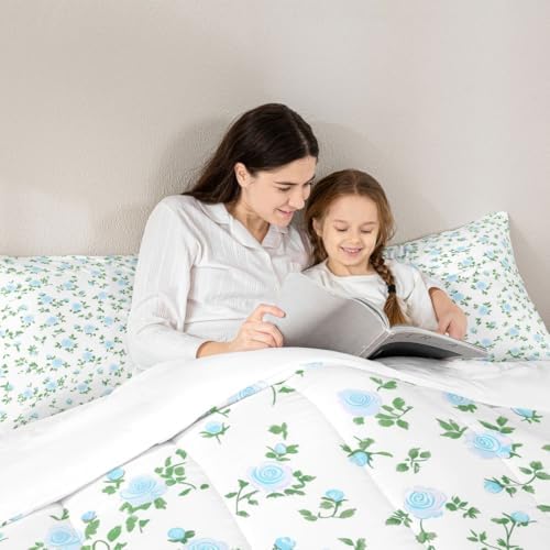 jejeloiu Blue Rose Flower Comforter Set All Season Cute Floral Bedding Set with 1 Pillow Cases Botanical Microfiber Kids Toddler Bedclothes Blossom Flowers Pattern Bedroom Decor Duvet Quilt Soft
