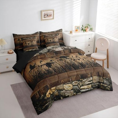 Erosebridal 7 Piece Mallard Duck Hunting Bedding Farmhouse Full Comforter Set with Sheets | Rustic Cabin Bed in A Bag for Kids Boys Teen Men,Brown Country Wooden Stone Bed Set Lodge Home Decor