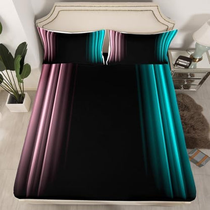 Feelyou Teens Abstract Ombre Decorations Bedding Set for Kids Women Pink Teal and Black Bed Sheets Set Geometric Modern Fitted Sheet Sets Room 4Pcs Queen Size