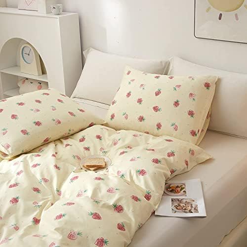 LifeTB Cute Strawberry Duvet Cover Queen 3 Pieces Strawberry Bedding Set Kawaii Bedroom Decor 100% Cotton Comforter Cover Kids Teen Girls Fruit Bedding Duvet Cover with 2 Pillowcases, Cream White