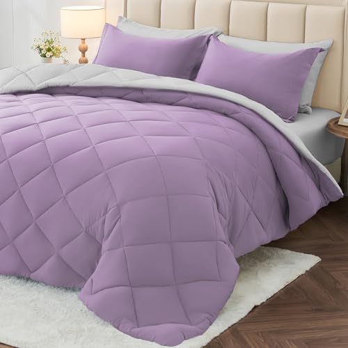 MUXHOMO 5 Pieces Twin Comforter Set, Reversible Bed in a Bag Twin Size, All Season Bedding Set with Comforter, Flat Sheet, Fitted Sheet, Pillowcases & Shams, Greyish Purple & Light Grey