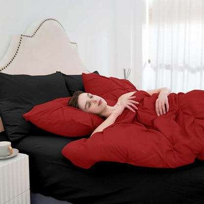 Ubauba 7pc Queen Size Comforter Set with Sheets, Pintuck 7 Piece Bedding Comforters Bed in a Bag for All Season, Pinched Pleat Bed Set with Comforter (Red and Black,Queen)