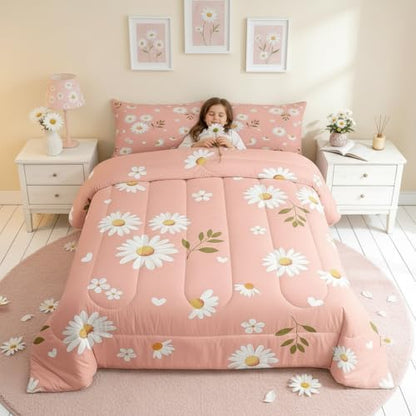 Homewish Daisy Flowers Comforter Set Full Size,Petals and Leaves Bedding Set for Girls Women Adult Bedroom Decoration,Kids Pink and White Bed Duvet Insert,Daisy Comforter with 2 Pillowcase