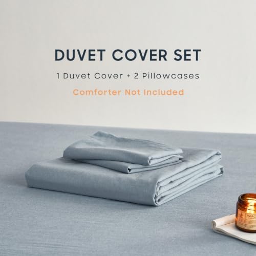 Wake In Cloud - Cotton Duvet Cover Set, 100% Washed Cotton, Linen Like Textured, Breathable Durable Comfy Farmhouse Neutral Bedding Set, 3 Pieces, Light Denim Blue, Queen Size