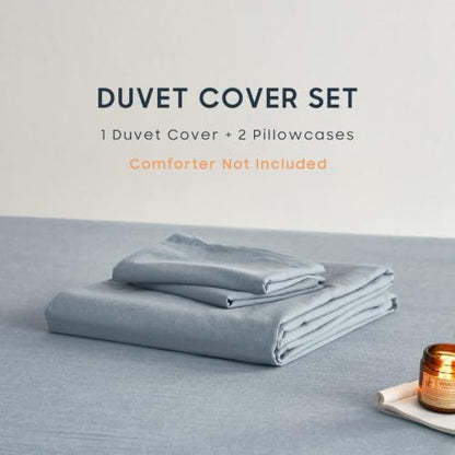 Wake In Cloud - Cotton Duvet Cover Set, 100% Washed Cotton, Linen Like Textured, Breathable Durable Comfy Farmhouse Neutral Bedding Set, 3 Pieces, Light Denim Blue, Queen Size