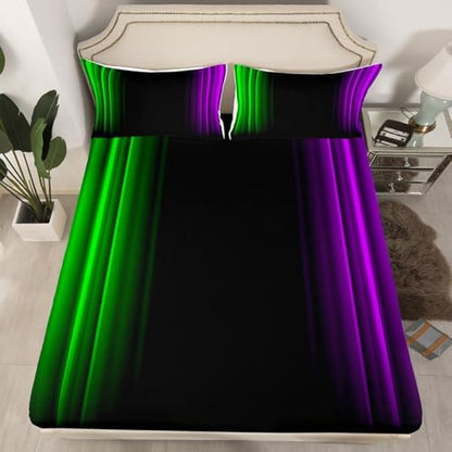 Feelyou Teens Abstract Ombre Decorations Bedding Set for Kids Women Green Purple and Black Bed Sheets Set Geometric Modern Fitted Sheet Sets Room 4Pcs King Size