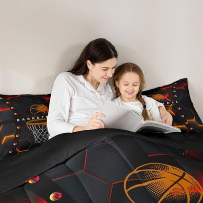 Boys Basketball Theme Twin Size Comforter Set,Kids Red Yellow Decor All Season Bedding Set,Teens Sports Games Comforter,Children Honeycomb Decor Quilt Set Bedroom Collection 2Pcs
