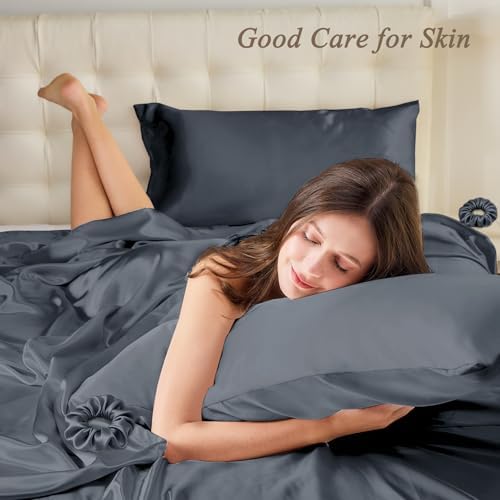 Vielit Queen Satin Pillowcase for Hair 2pc,Similar to Silk Pillow Cases,Easier Care Than Silk Pillowcase,Gifts for Women Men,Dark Grey,20x30 & Envelope Closure and 2 Satin Scrunchies