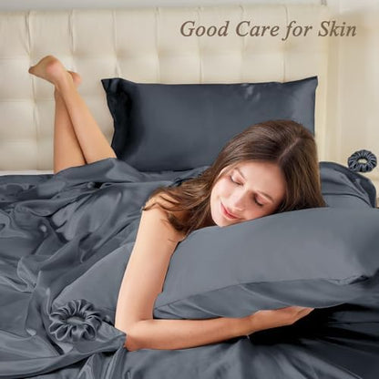 Vielit Standard Satin Pillowcase for Hair 2pc,Similar to Silk Pillow Cases,Easier Care Than Silk Pillowcase,Gifts for Women Men,Dark Grey,20x26 & Envelope Closure and 2 Satin Scrunchies