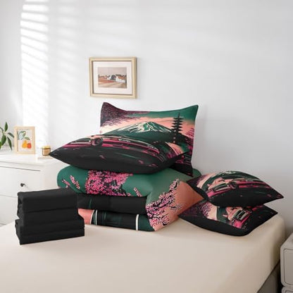 Feelyou Japanese Race Car Comforter Set with Sheets Queen Size Kids Speed Sports Car Cherry Blossoms 7 Pieces Bedding Set Boys Girls Racing Car Mount Fuji Bed in a Bag Extreme Sports Bed Set