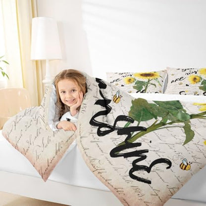 Sunflower Comforter Set Full Size,Romatic Sunshine Graffiti Bedding Set 3pcs for Kids Teens Couple Adults Home Room Decor,Rustic Farmhouse Bee Quilt Set Nature Plants Animals Duvet Insert