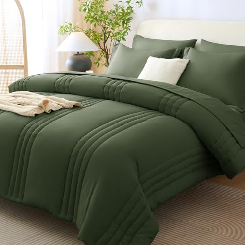 CozyLux Oversized King Comforter Set Olive Green- 7 Pieces Bed in a Bag