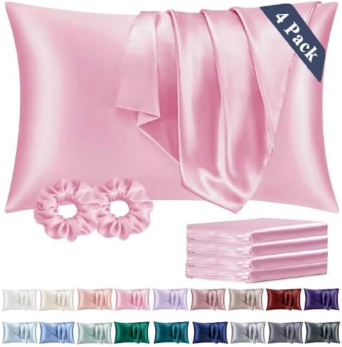 Vielit King Satin Pillowcase for Hair 4 Pack, Similar to Silk Pillow Cases, Easier Care Than Silk Pillowcase, Gifts for Women Men - Pink, 20x36 & Envelope Closure and 2 Satin Scrunchies