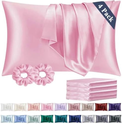 Vielit King Satin Pillowcase for Hair 4 Pack, Similar to Silk Pillow Cases, Easier Care Than Silk Pillowcase, Gifts for Women Men - Pink, 20x36 & Envelope Closure and 2 Satin Scrunchies