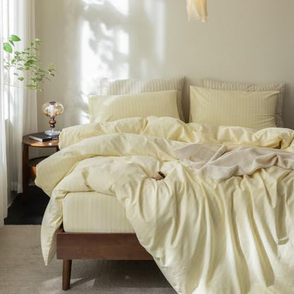 FOSSA Striped Duvet Cover Set 100% Washed Cotton Linen Feel Queen