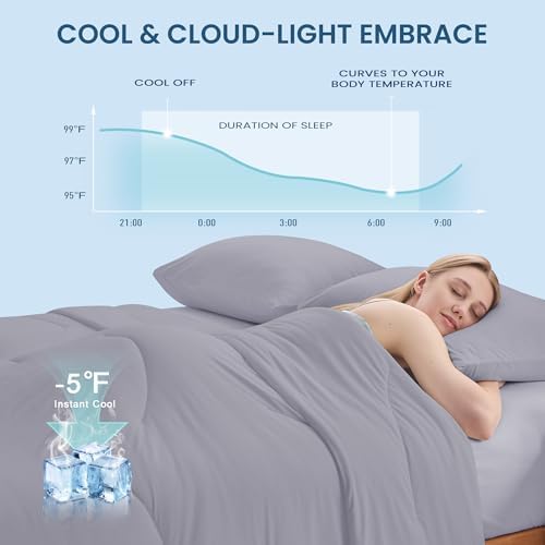 Cooling Comforter Set Queen Size, 3 Pieces Cooling Blanket for Hot Sleepers and Night Sweats, Q-Max>0.4 Cool Tech Bed Set with Pillowcases, Lightweight & Breathable (90''x90'', Gray)