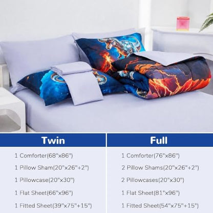 Viviland Kids Bedding Set Twin Size Comforter Sets, Bed in Starry Dinosaur Cover Set for Children