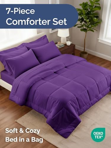 King Comforter Set - 7 Piece Bed in a Bag King Size Bed Set, Soft - Purple