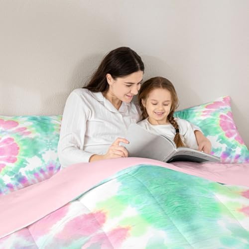 Erosebridal Kids Tie Dye Comforter Set, Bohemian Psychedelic Duvet Sets King Size for Girls Boys Teens Women Bedroom, Boho Gypsy Spiral Bedding Set Watercolor Trippy Duvet Insert, Pink Teal Blue