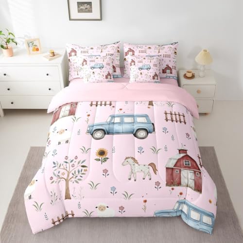 Erosebridal Farm Animal 7 Piece Kids Comforter Set Cartoon Tractor King Bedding Set for Boys Girls Rustic Barn Door Comforter Farmhouse Horse Sheep Cow Cartoon Animals Sunflower Floral Sheets,Pink