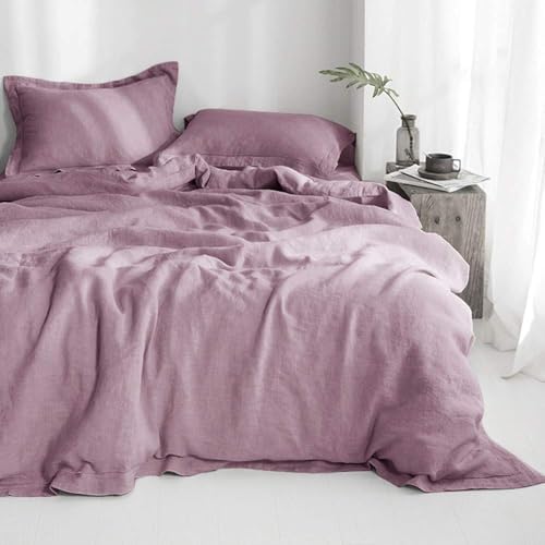Simple&Opulence 100% Linen Duvet Cover Set with Embroidery Border Washed - 3 Pieces (1 Duvet Cover with 2 Pillow Shams) with Button Closure Soft Breathable Farmhouse - Purple, Queen Size