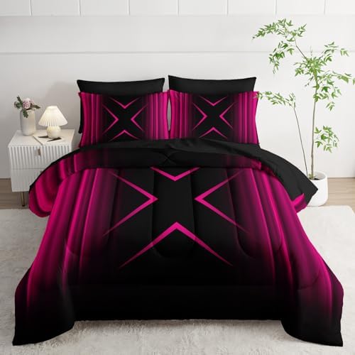 Nttopship Pink Black Geometric Comforter Set Twin Size 7Pieces,3D Abstract Mordern Printed Bedding Set for Adults,Geometric Mordern Decor All Seasons with Pillowcases,Flat, Fitted Sheet