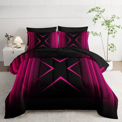 Nttopship Pink Black Geometric Comforter Set Twin Size 7Pieces,3D Abstract Mordern Printed Bedding Set for Adults,Geometric Mordern Decor All Seasons with Pillowcases,Flat, Fitted Sheet