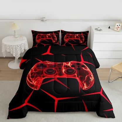Castle Fairy Kids Game Kids Comforter Set,Game Controller Gamepad Bedding Set All Season,Gaming Honeycomb Red Comforter 2 Pcs with 1 Pillowcase,Toddler Size